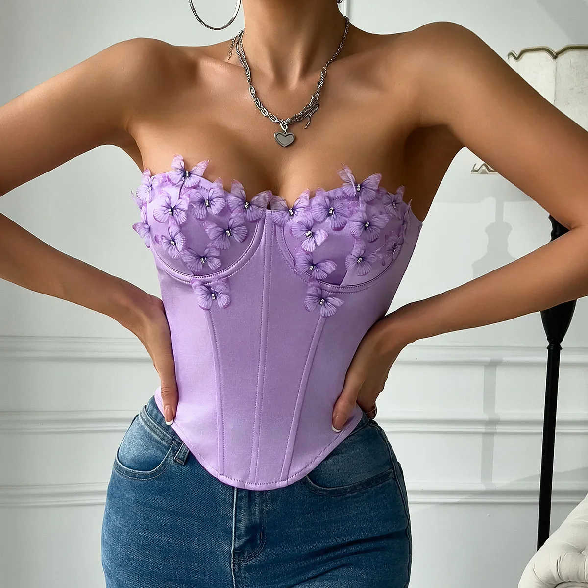 ISAROSE Purple Corset for Women Sexy Satin Fabric Sleeveless Stretch 3D Butterfly Rhombus Party Night Club Braless Crop Tops