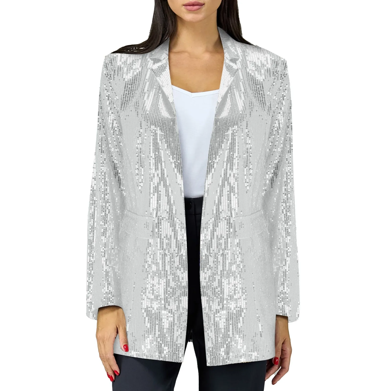 Sequin Blazer Jackets For Women Glitter Solid Color Lapel Suit Coat Double Pocket Streetwear Tops Elegant Ladies Office Wear