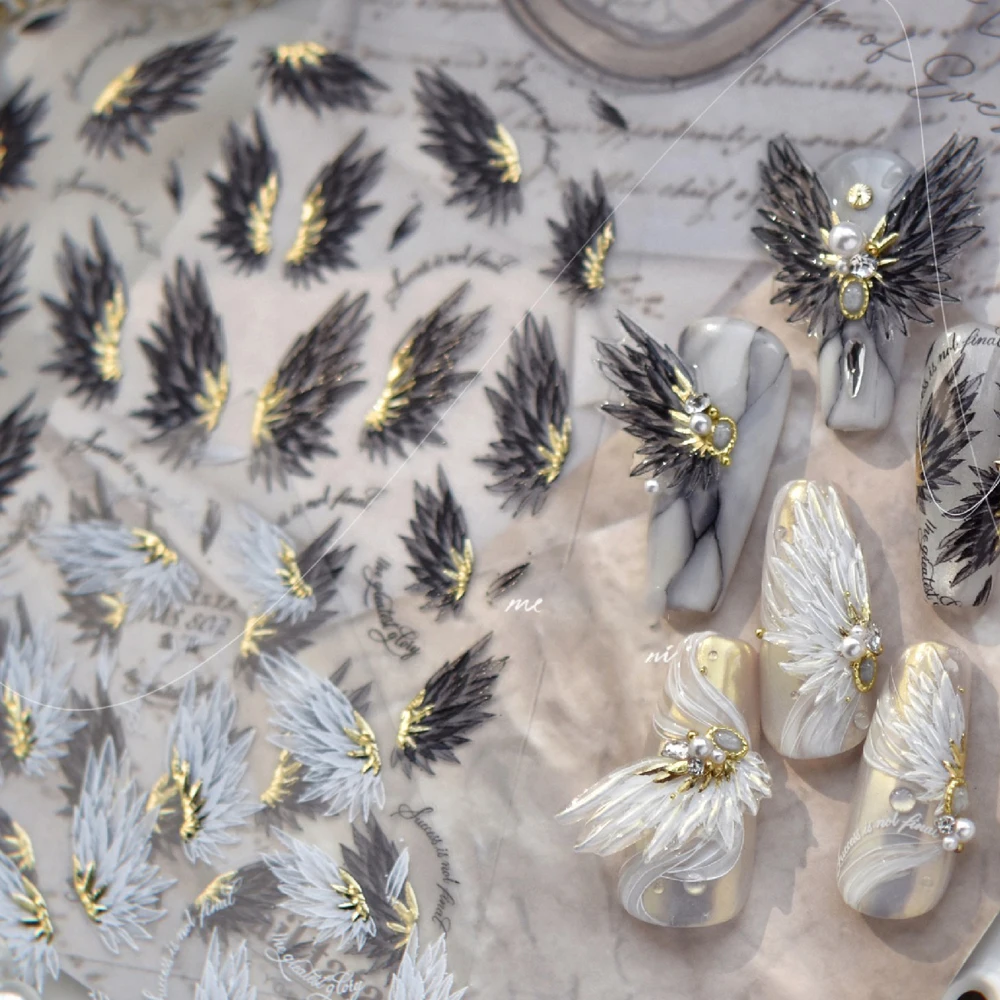 5D أجنحة سوداء ريشة الملاك شيطان الشيطان حالمة الساخن ختم الإنجليزية إلكتروني لاصق مسمار الفن ملصقات مانيكير أداة الشارات #1