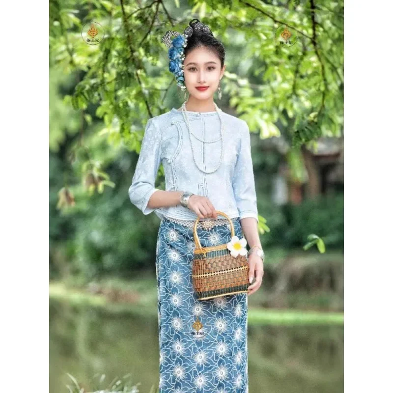 Traditional Dai Ethnic Women's Clothing Set Spring Summer Daily Casual Wear Work Attire Tops Skirt Thailand