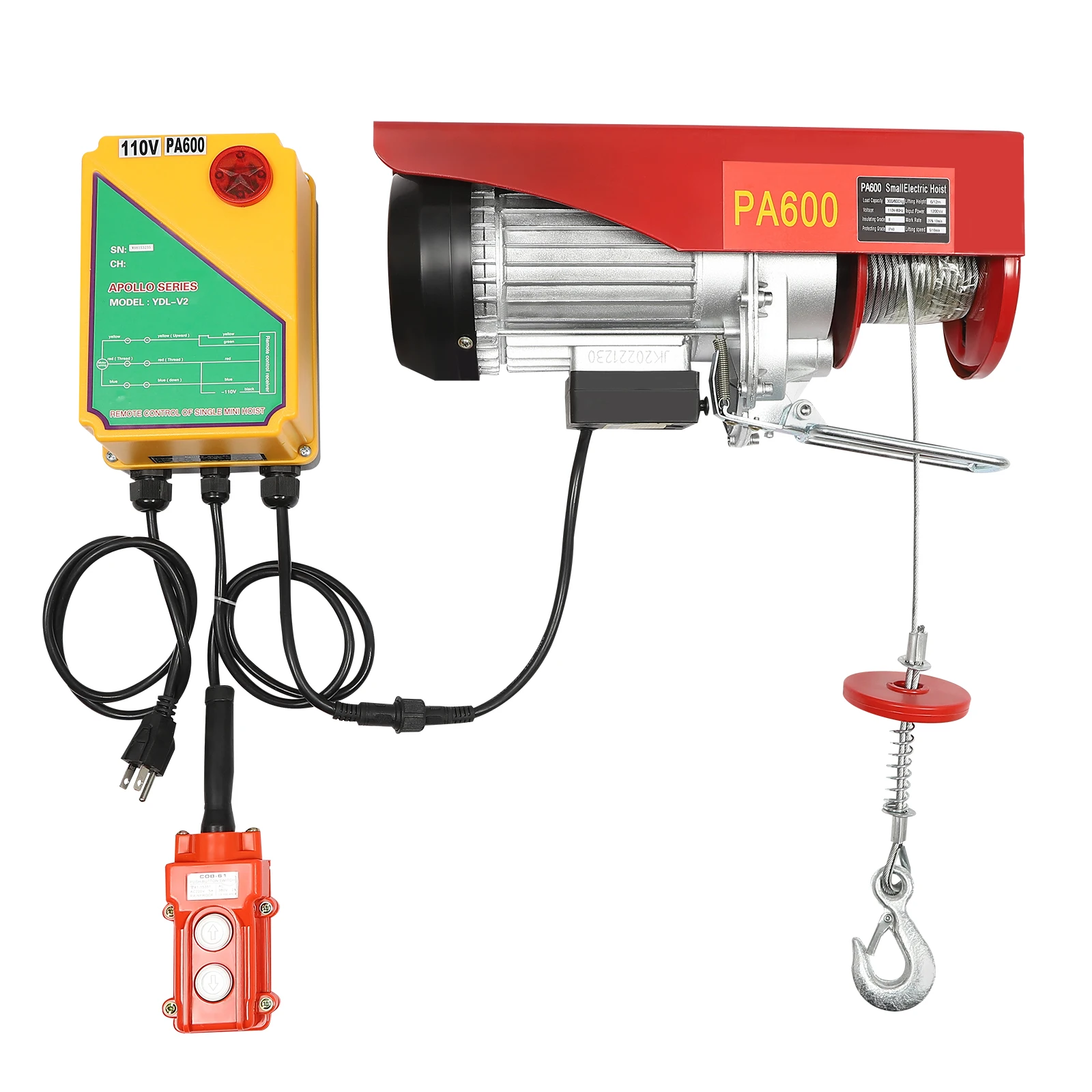 PA600 Electric Wire Hoist Winch 1320Lbs Engine Crane Lift Wired Remote Control,Remote & Wired, Steel-Aluminum Alloy Durability