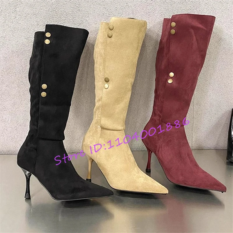 

Suede Pointed Toe Button Fold Knee-High Boots Korean Style Women High Heel Side Zipper Knight Boots Fashion Comfortable Shoes