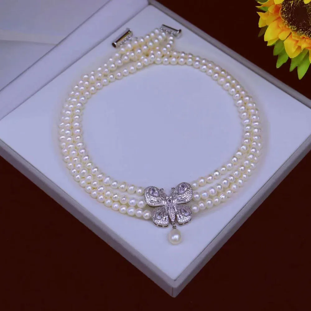 

natural pearl AAAA6-7mm South Sea round pearl necklace fashionable and versatile three-layer butterfly 925s * 18-19-20inch