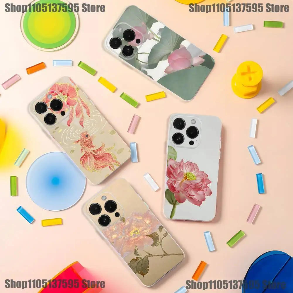 

Peony Lotus Print Design Phone Case For iPhone 17,16,15,14,13,12,11 Pro,Max,Plus,X,XS,XR,SE4,E Mini Transparent Soft Cover