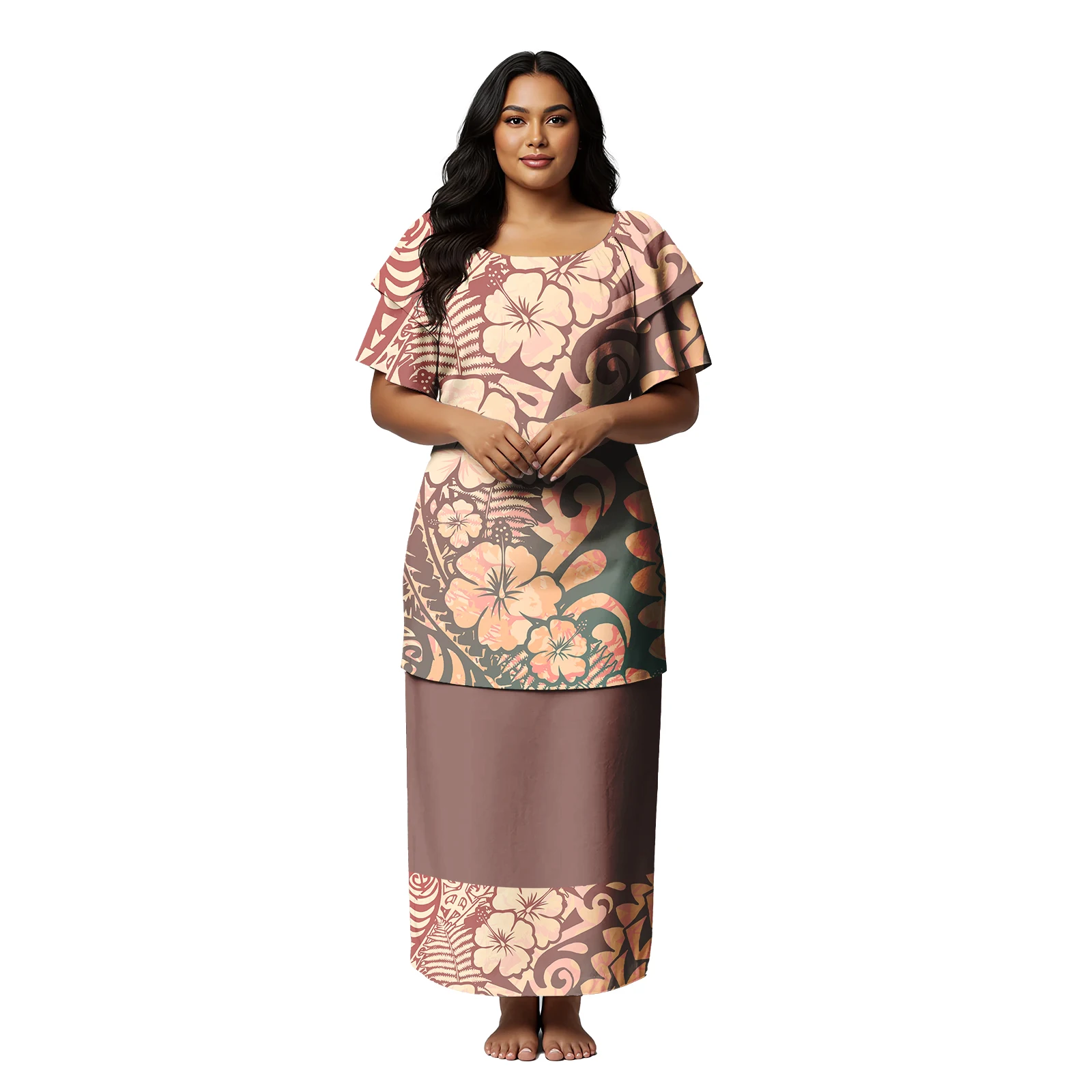 Custom Polynesia Island Dress Ladies Ruffles Sleeve Puletasi Hawaiian Floral Print Tribal Design Women Samoan Puletasi for Women