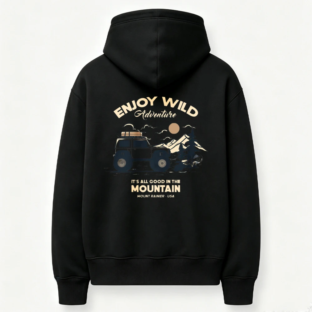 Enjoy Wild Adventure Offroad Vehicle Mountain Sunset Mount Rainier US Hoodie Front Pullover Sweatshirt Wilderness Road Hooded