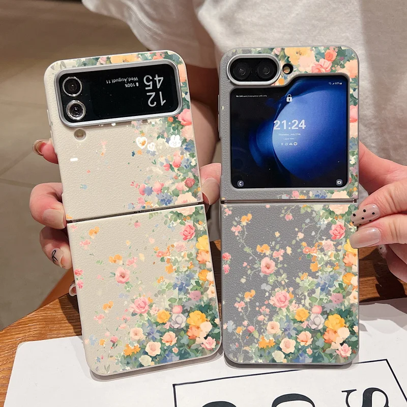 Romantic Flowers Leather Texture Case For Samsung Galaxy Z Flip5 Flip6 Flip4 Flip3 Flip 6 5 4 3 5G Soft TPU Folding Phone Cover