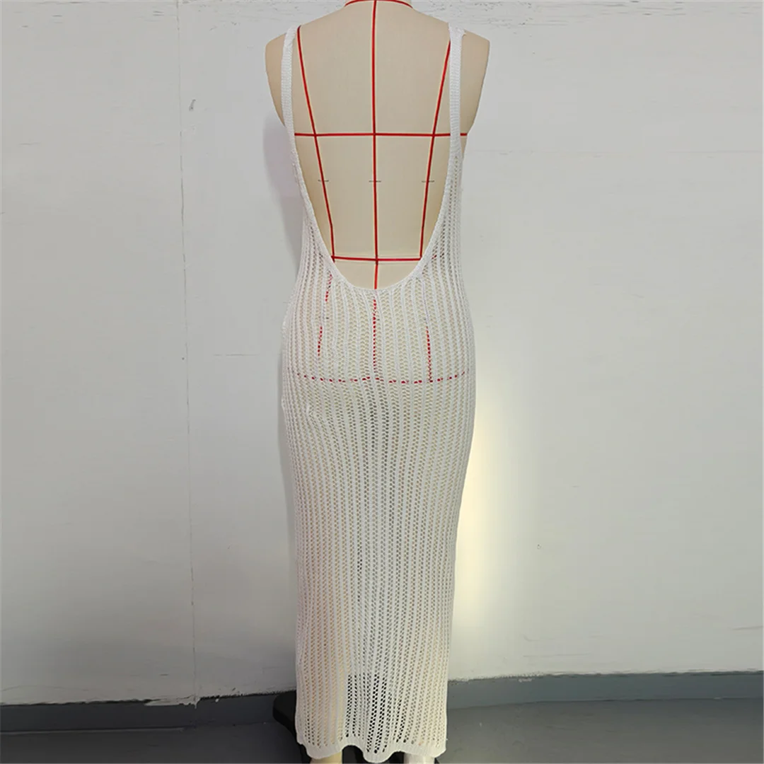 V-Ausschnitt, rückenfreies, ausgehöhltes, gehäkeltes, gestricktes Tunika-Strandkleid, Strandmode, Strandbekleidung, Strand-Cover-up, Damen, V7628 – Detail 16