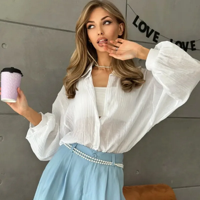 

Talenza Women's Summer Shirt Fashion Solid See-Through Loose Casual Shirt New Beach Vacation Commuting Chic Female Blouses 2026