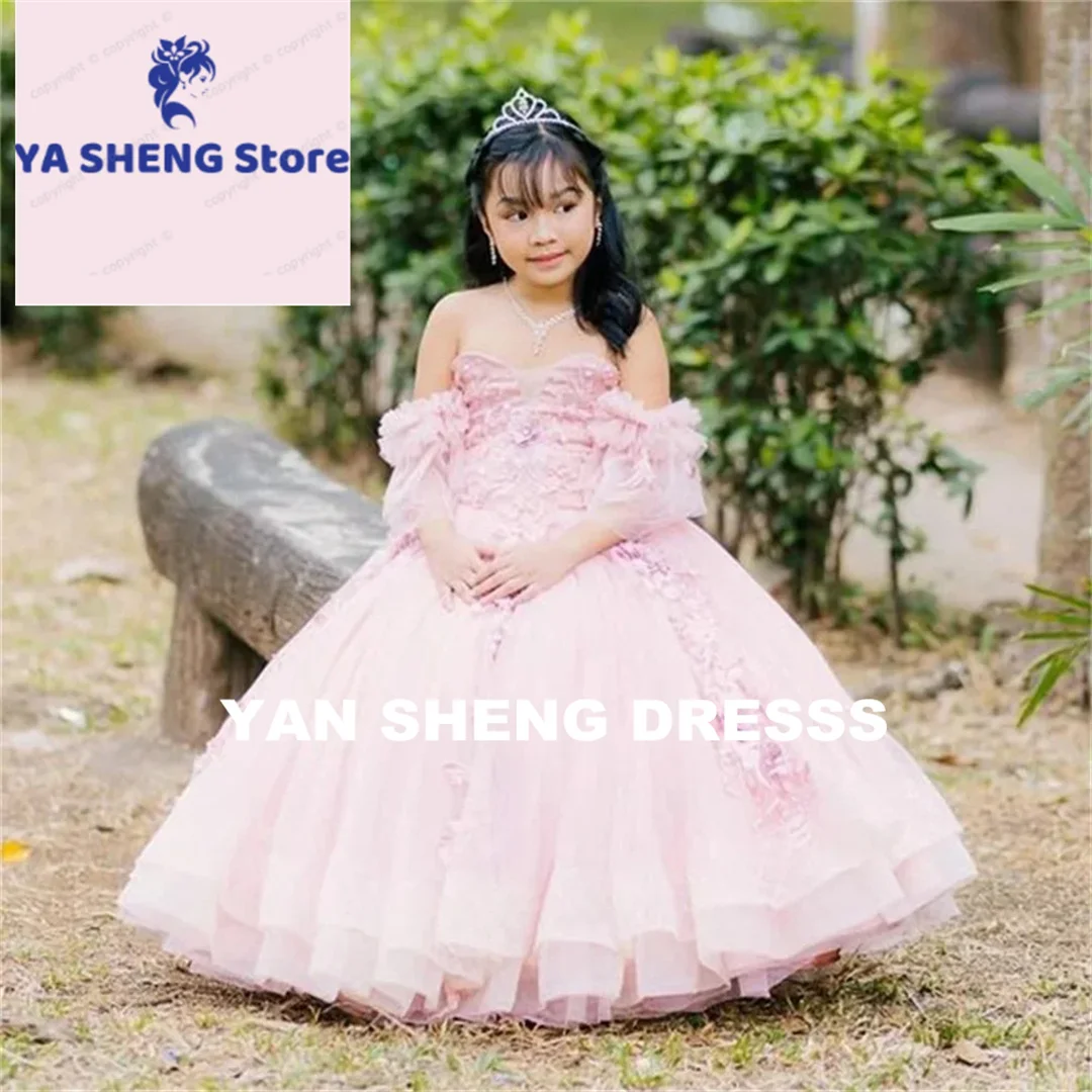 Customized The Shoulder Short Puff Sleeve Applique Princess First Communion Gown Long Ball Wedding Party Flower Girl Dress