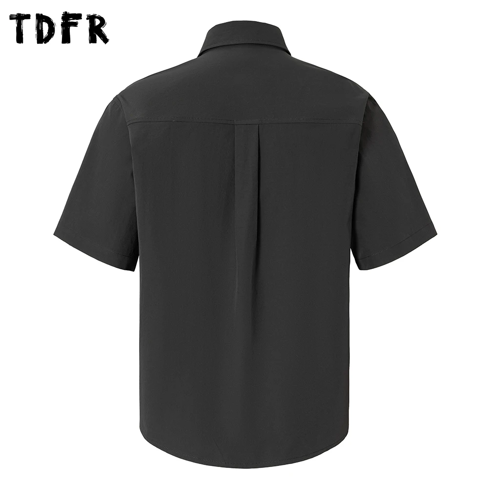 Pocket Solid Color Short Sleeve Shirts Mens Summer Retro Cargo Loose Lapel Single Breasted Half-Sleeve Shirts Man