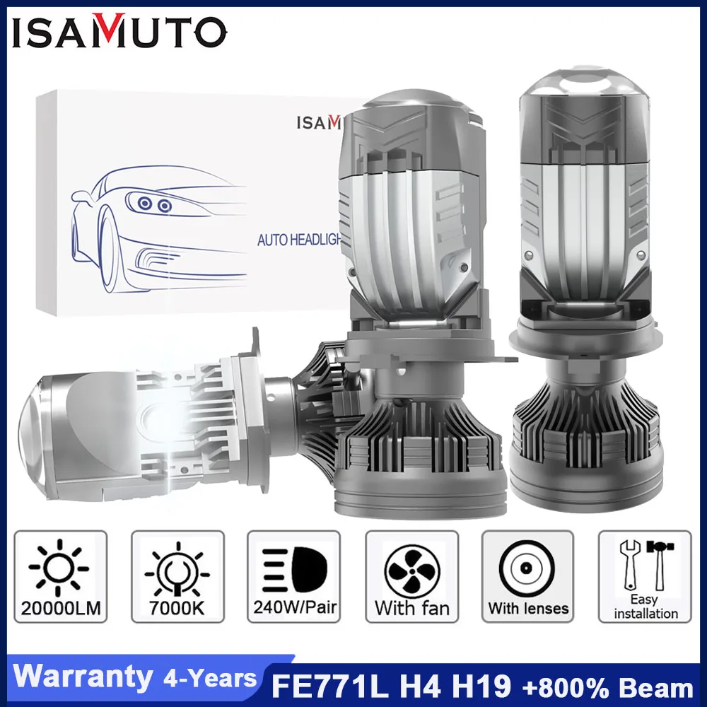 ISAMUTO FE771L LED H4 H19 Headlight With Lens 9-60V 240W 9003 HB2 7000K 20000LM Car White Hi/lo Bulb +800% Beam With Fan (Pair)