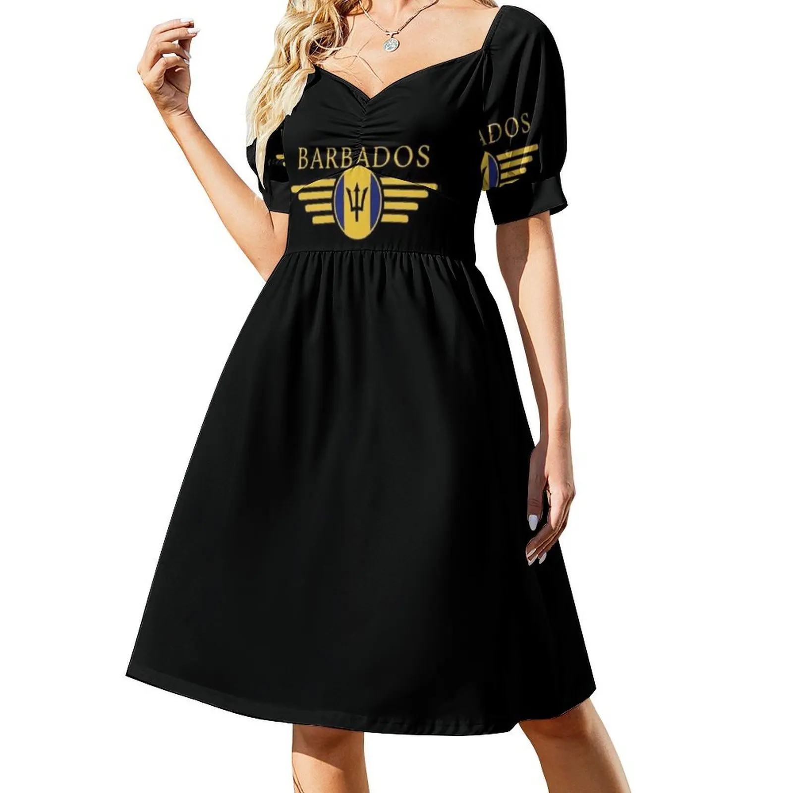 أنا أحب بربادوس أناقة نمط تصميم تي شيرت المرأة فستان الحفلات الأنيق فستان ألف خط مع خيارات قصيرة/طويلة/ بلا أكمام