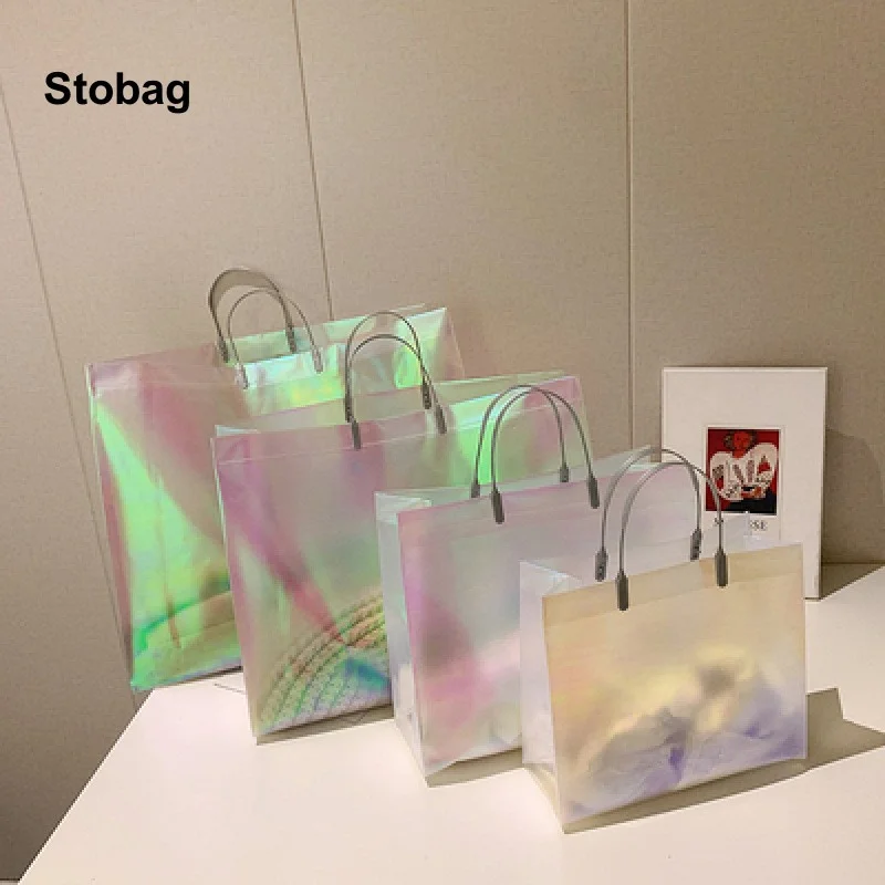 StoBag 25pcs Transparent Rainbow Shoulder Tote Bags Woman\'s Shopping Plastic Fashion Girl Gift Birthday Wedding Portable Logo