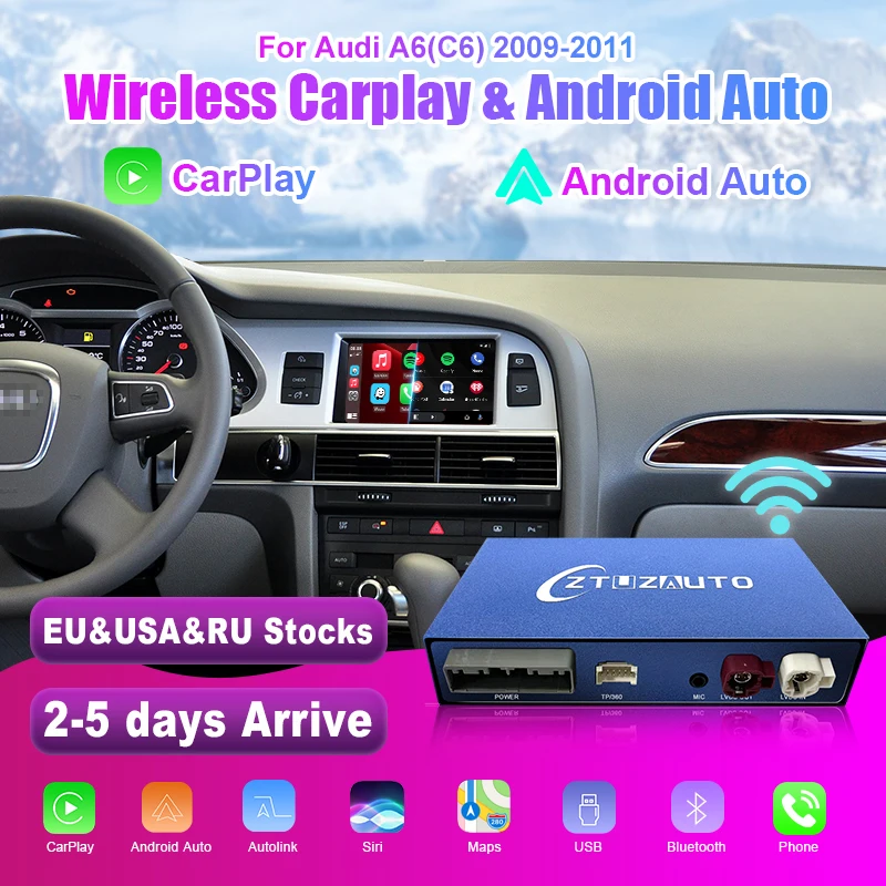 Wireless CarPlay Android Auto Interface per Audi A6 A7 C6 2009-2011, con AirPlay Mirror Link CarPlay Camera Navigation USB PLAY