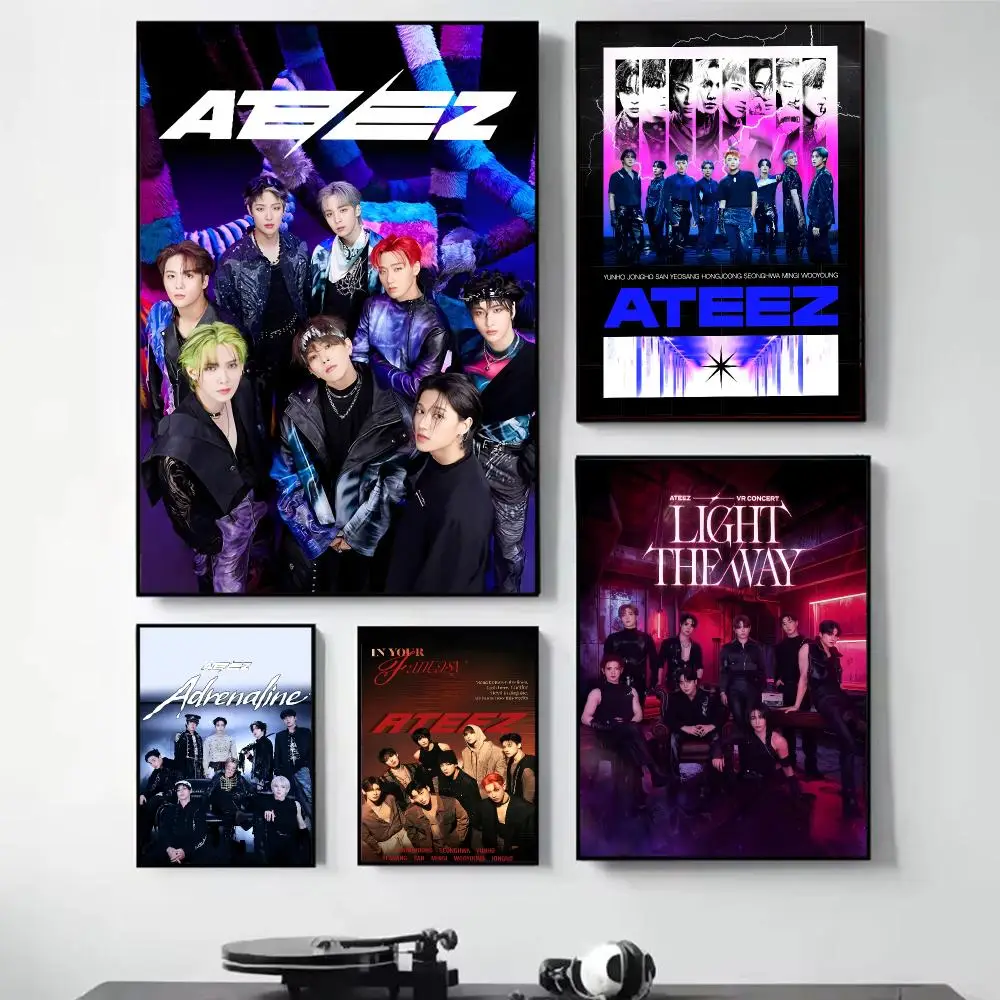 Kpop A-Ateez Boys Painting Calligraphy Self Adhesive Wall Art Waterproof Print For Bedroom Hallway Home Decor
