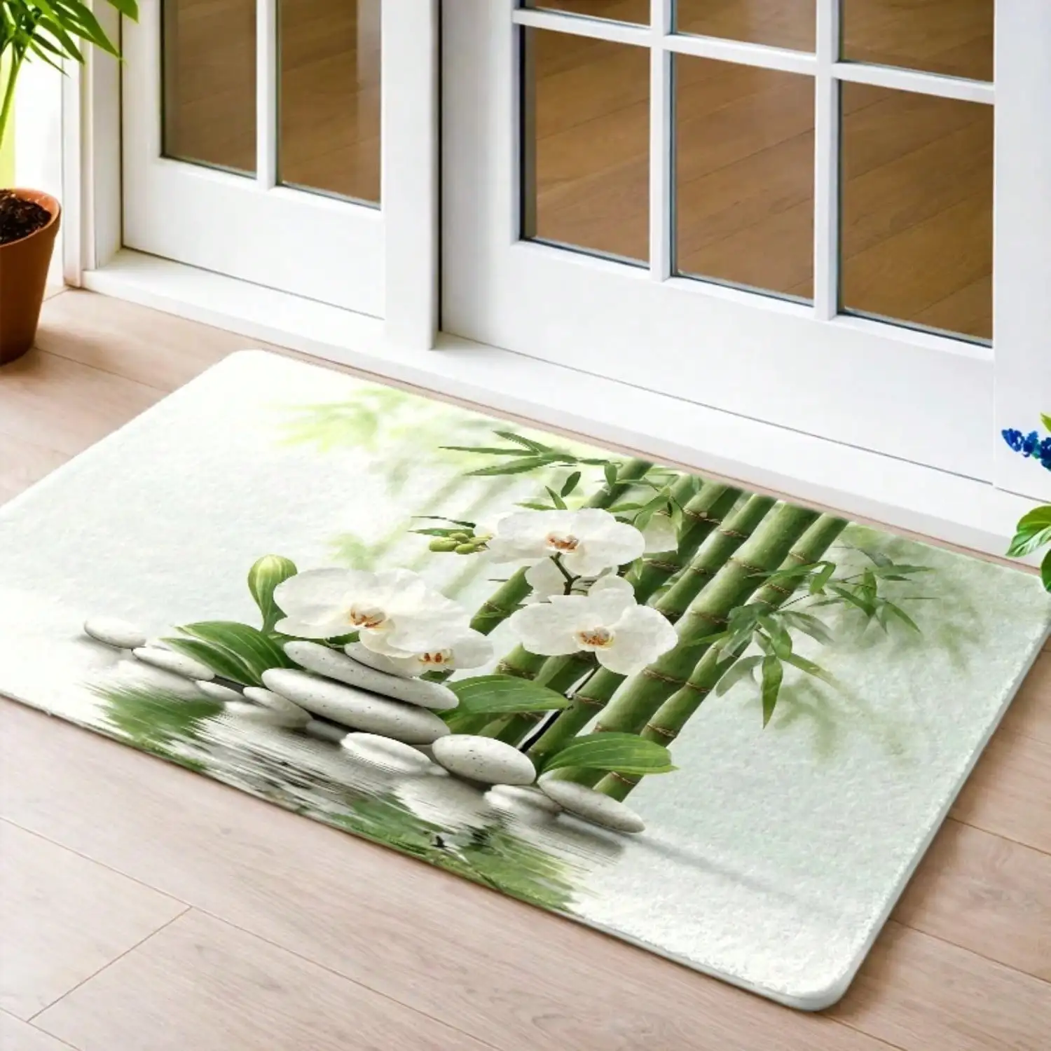 1pc Non-Slip Flannel Floor Mat Suitable For Indoor/Outdoor Use, Zen Bamboo Stone & White Orchid Rug, Machine Washable Suitable For Living Room, Bedroom