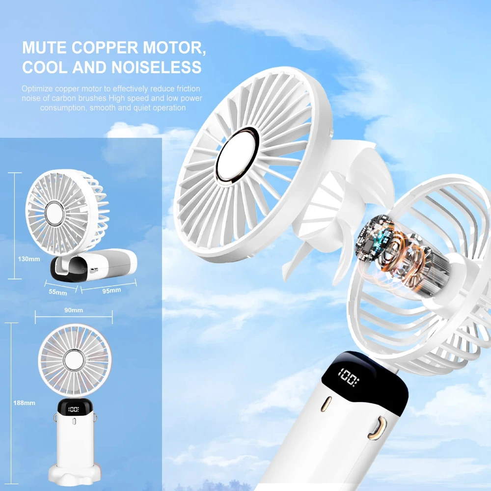 Portable Handheld Rechargeable Fan Battery Operated Fan with Base Digital Display, 5 Speeds, 90° Ajustable for Outdoor Indoor