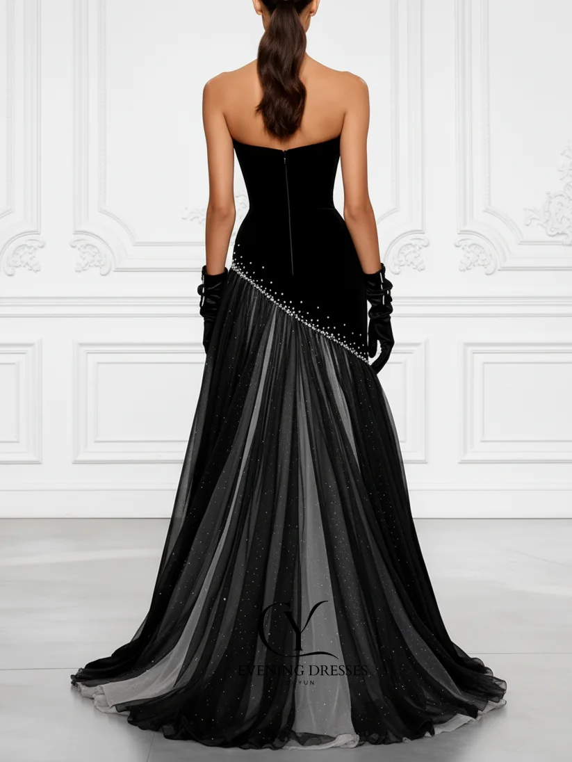 Suknia wieczorowa CUYUN, czarna, bez ramiączek, luksusowa, zdobiona koralikami, fason A-line, suknia balowa, elegancka, formalna, na specjalną okazję, szyta na miarę.