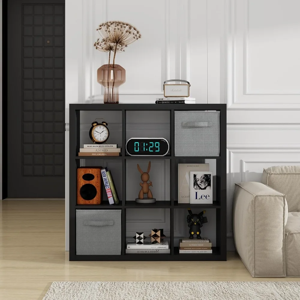 

Bookshelf with Storage Bins, 9-Cube Storage Organizer Sturdy Wooden Bookcase Open Book Shelf, Multifunctional Cubicle Rack