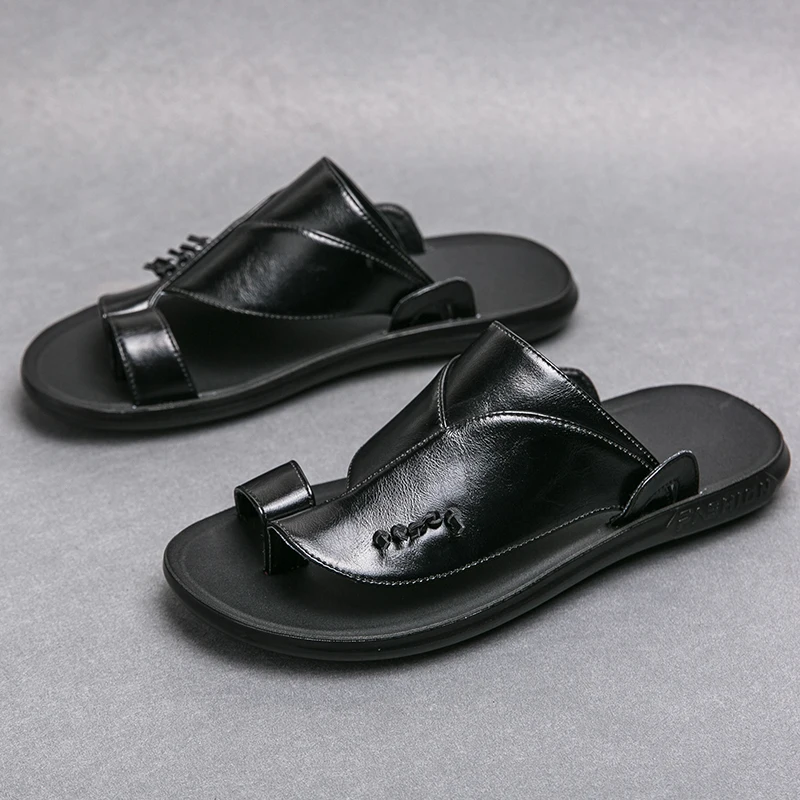 Summer Toe Sandals Genuine Leather Men Slippers Men Shoes 2023 New Slip on Casual Shoes Outdoor Mens Slides Comfy Beach Sandals