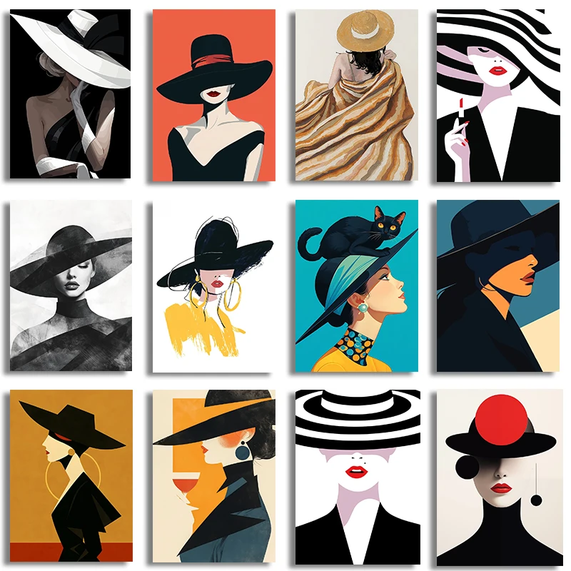 1pc frameless canvas Fashion Beauty Woman in Hat, Black and White Poster  Print Wall Geometric for Living Room Home  Cuadros