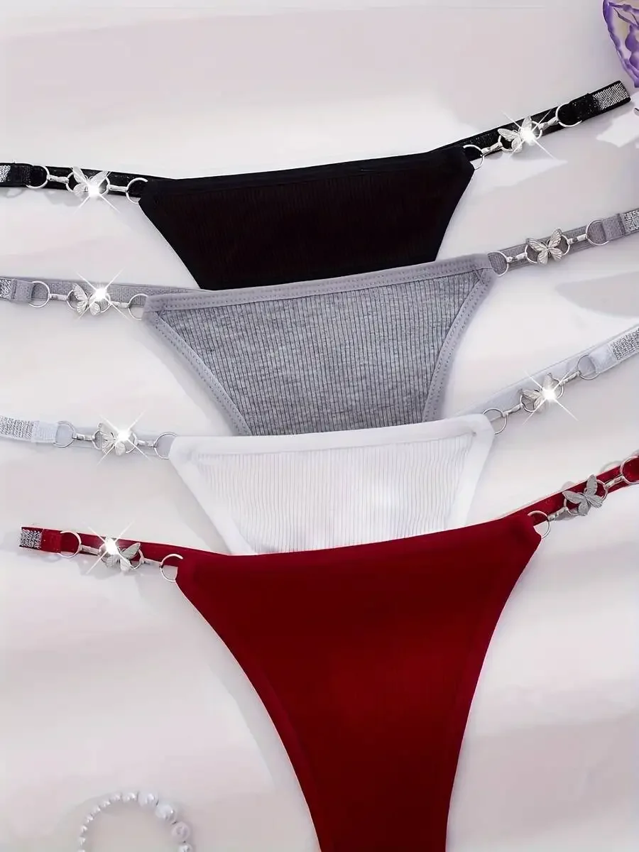 

4pcs Womens Thong Panties With Butterfly Ring Decoration Comfortable Soft Fit