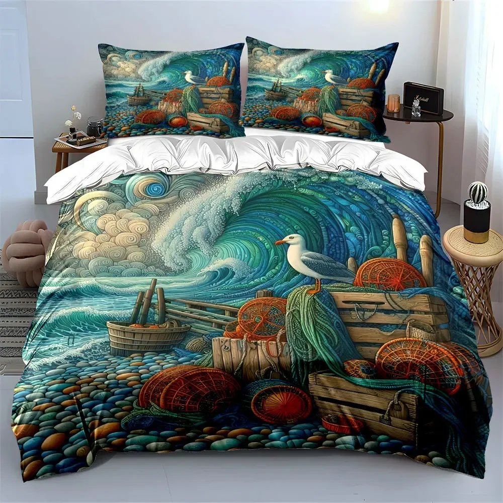 Coastal Ocean Decor Set Bedding Set with 1 Duvet Cover 2 Pillowcases Single Double King Queen, Gift