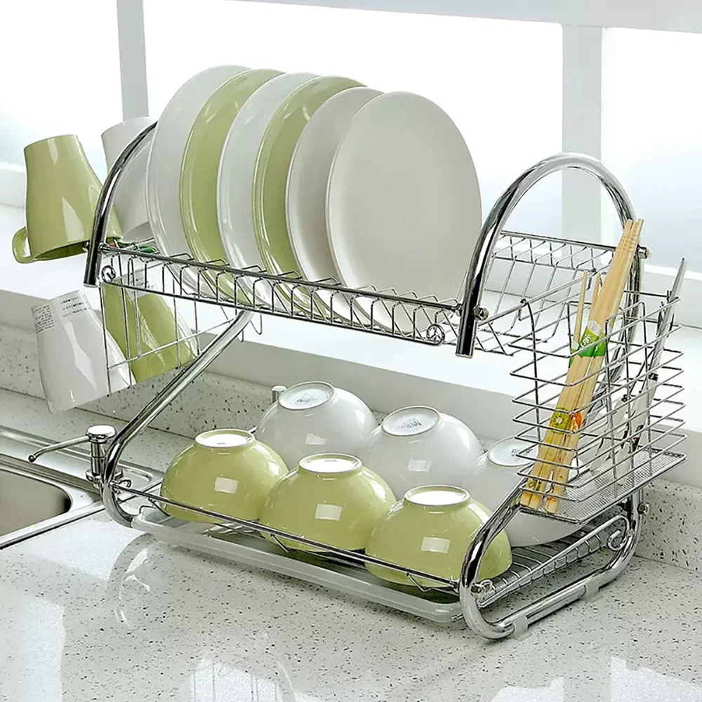 2 Tier Dish Drainer Rack Kitchen S-Shape Drying Rack Bowl Plate Holder Large Capacity Storage Shelf With Drip Tray