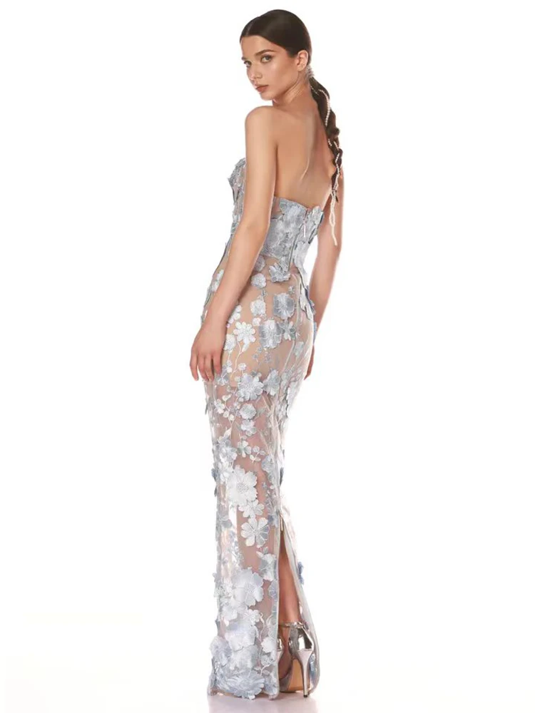 VC Sexy Strapless Embroidery Flower Long Dress Women Sleeveless Structured  Floral Slim Elegant Party Cocktail Evening Gowns - AliExpress 200000345