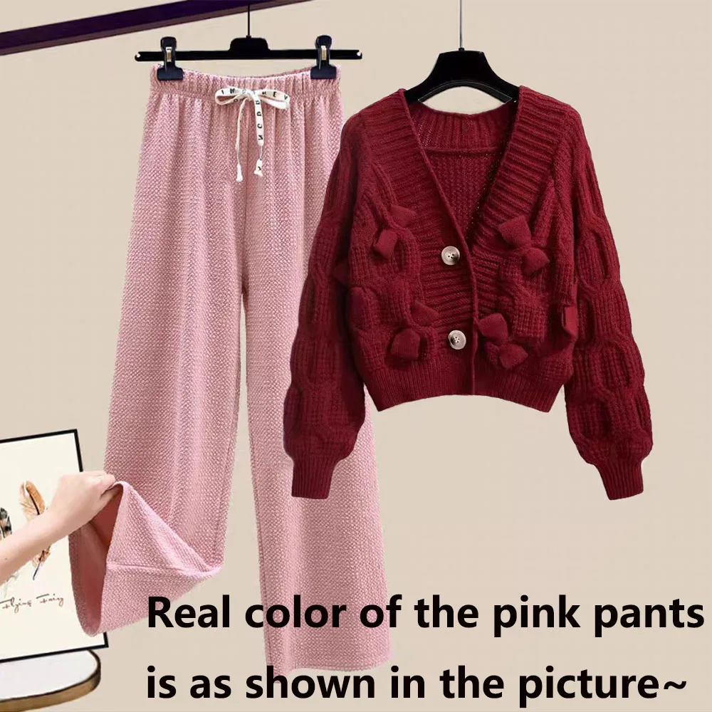 Two Piece Set For Women New In Sweater Matching Sets Korean Sweet Bow Outfit Long Sleeve Cardigan Knitwear Wide Leg Pants Set