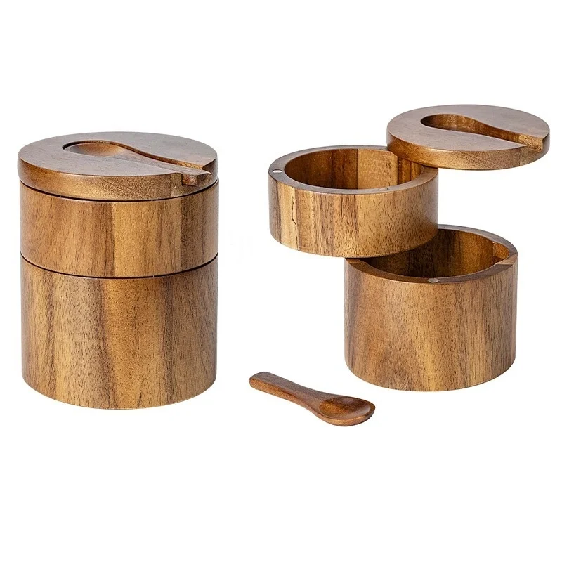 

2026 New Acacia Wood Salt Shaker Seasoning Box Bamboo Pepper Box with Rotating Lid Kitchen Storage Spice Jar Spice Storage Box