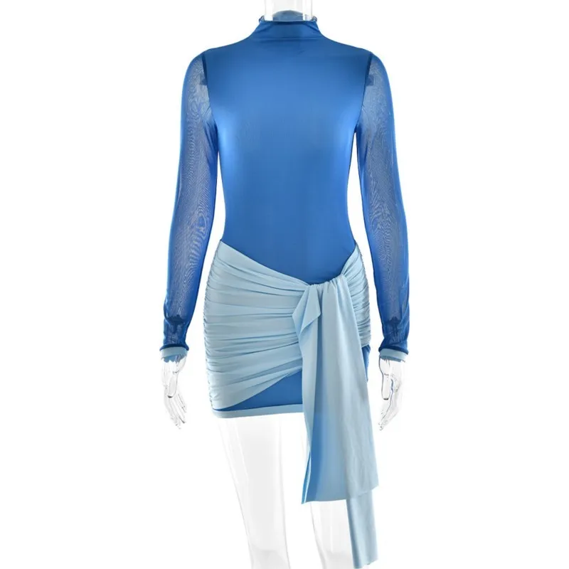 2025 été nouveau Sexy col rond Patchwork ruban cravate-détail à volants moulante Mini robe pour les femmes fille chaude Clubwear et robe de soirée