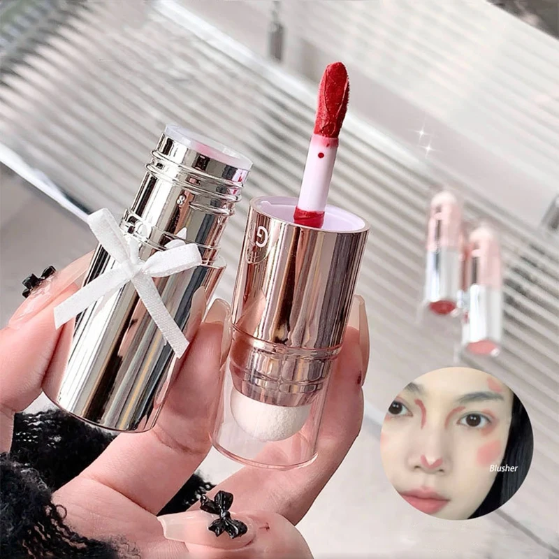 Dupla cabeça líquido blush esponja vara fosco batom nude rosa rosa damasco blush conjunto lábio bochecha matiz rouge contorno maquiagem menina