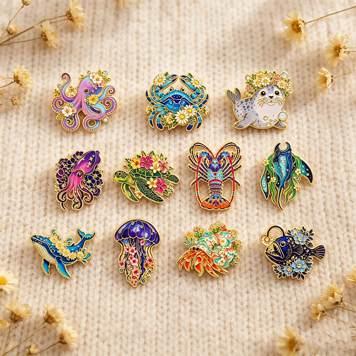 11-teiliges Set Schöne Blumen- und Meerestier-Emaille-Pins Niedliche Wal-Oktopus-Schildkröten-Brosche Rucksack-Anstecknadel Schmuck-Accessoires Geschenke – Detail 6