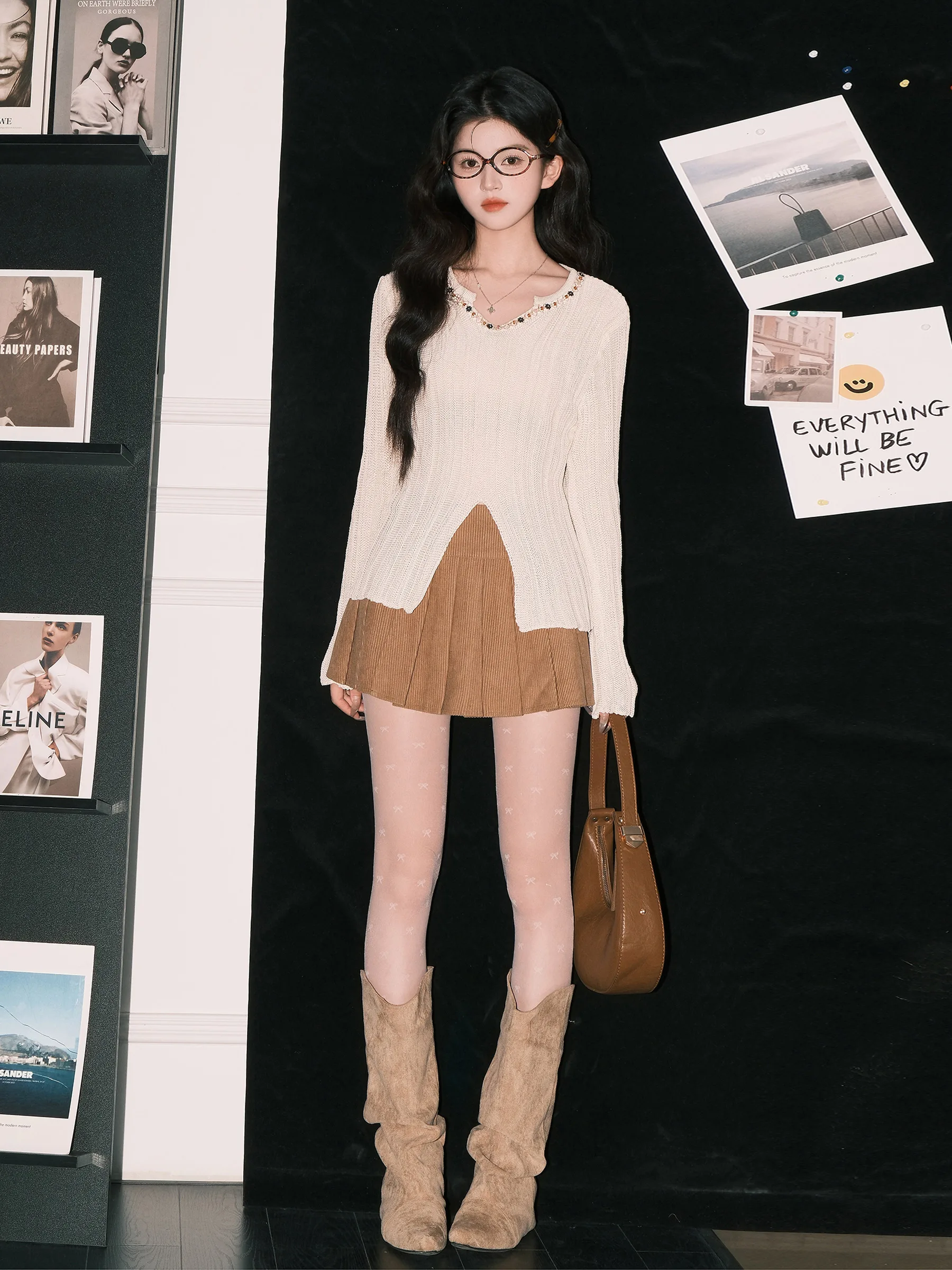 Khaki High Waist Short Pleated Skirt Women's A-Line Split  Skirts Anti-Light Casual Style Standard Fit Autumn New Arrival