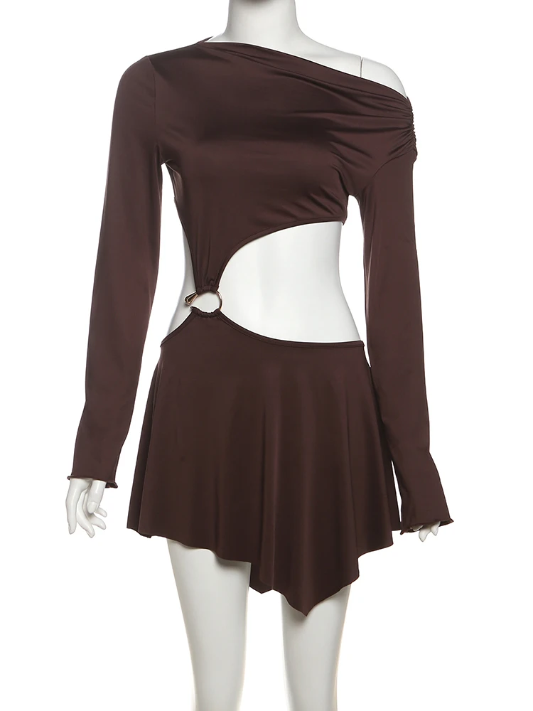 Vestido sin cintura holgado con cuello de hombro descubierto, anillos de manga completa de retazos fruncidos, elegante, a la moda, Mini Bodycon