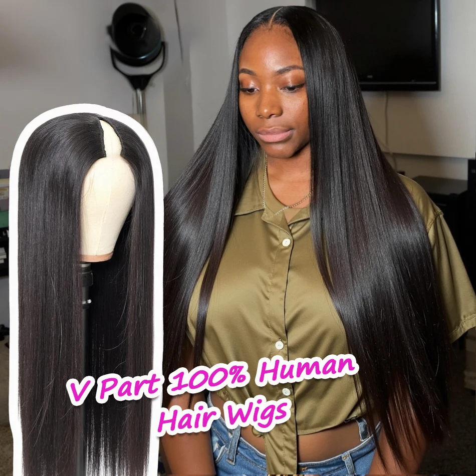 

V Part Wigs Human Hair 100% Straight Human Hair Wigs No Leave Out No Sew-In Glueless 220 Density Natural Black Beginner Friendly