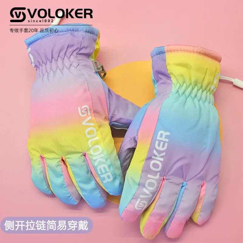Children's ski gloves, thickened and fleece-lined, warm gloves for autumn, windproof and cold-resistant, with side zipper, cute
