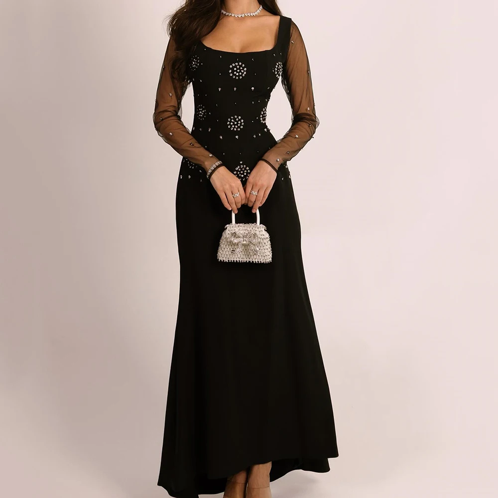 

Customized A-line Evening Dresses Floor-length Scoop-neck Full Sleeve Prom Gown Fashion Crystal Simple Draped Casual Party Gown