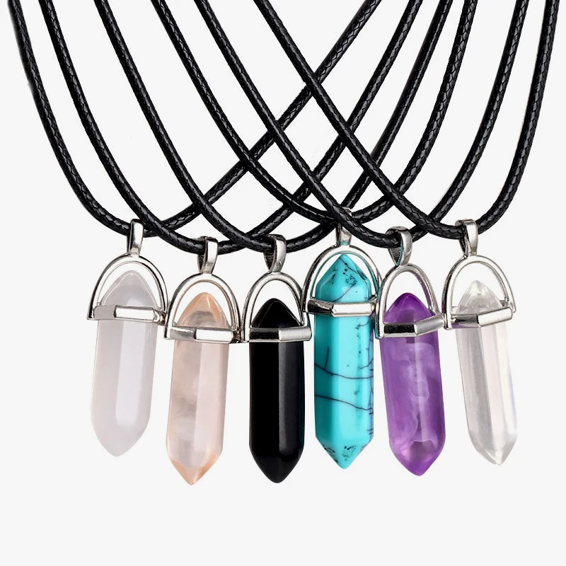 Hexagonal Column Quartz Necklace Turquoises Pink Crystal Pendents Necklace for Women Leather Chain Natural Stone Choker Necklace