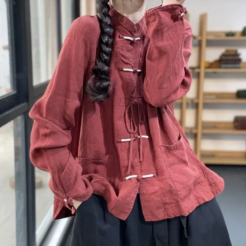 Podstawowa lniana bluzka w stylu retro damska moda Design klamra sznurowana koszula wszechstronna z długim rękawem solidny damski kardigan topy jesień