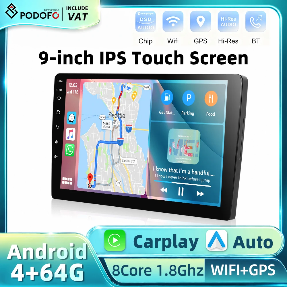 Autoradio Android Podofo da 9 pollici, 4+64G, doppio DIN, con visualizzazione 3D del modello dell'auto, CarPlay wireless, Android Auto, GPS, WiFi, Mirror Link, Bluetooth, DSP, controllo al volante,