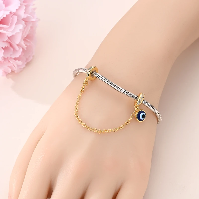 S925 Silver Golden Tone Evil Eye Safety Chain CZ Paved Fit Bracelets Necklace Protective DIY Jewelry for Women