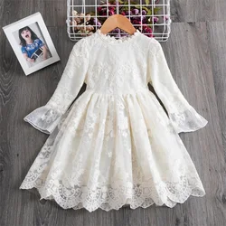 White Lace Embroidery Dress Girls Kids Princess Long Sleeve Clothes Children Elegant Flower Party Tutu Winter Autumn Vestidos