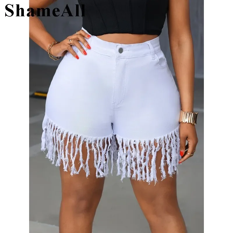 Pantalones vaqueros cortos blancos con borlas sexis de talla grande 4XL pantalones cortos de mezclilla blancos con cintura media elástica de verano para mujer