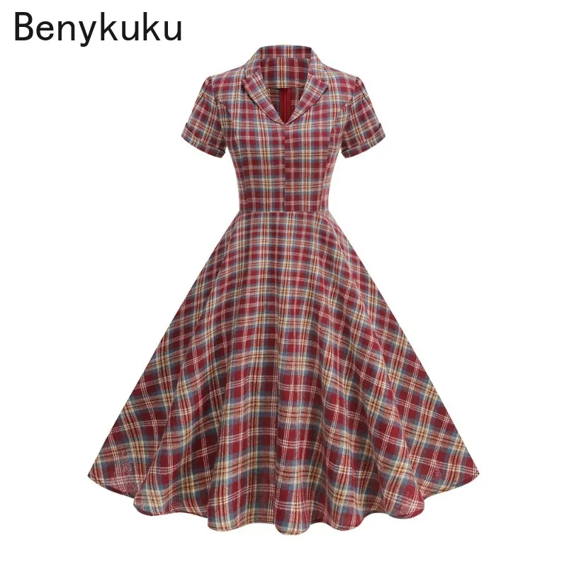 

Notched Collar Burgundy British Plaid 50s Vintage Dress 2026 Autumn Winter Christmas Clothes Women Elegant Swing Midi Dresses
