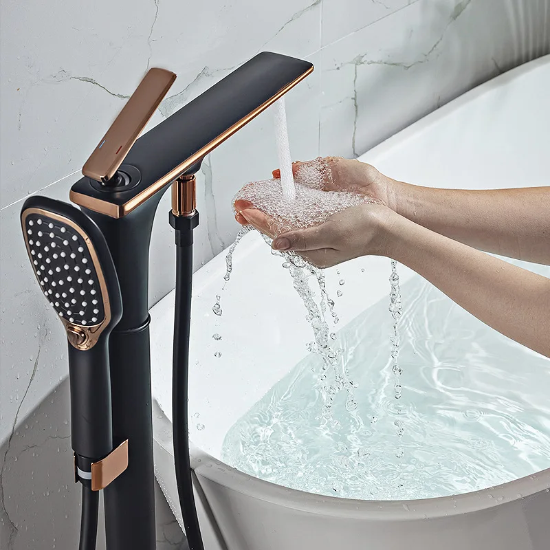 Modern Floor-standing Bathtub Faucet Set with Showerhead and Handheld Sprayer