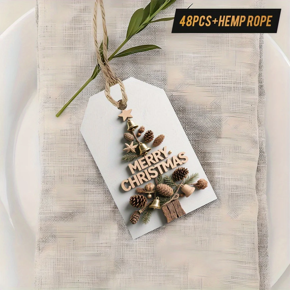 50pcs Rustic Farmhouse Christmas Gift Tags with Hemp Rope - Elegant Wood Grain Texture & Pinecone & Bell Cutouts