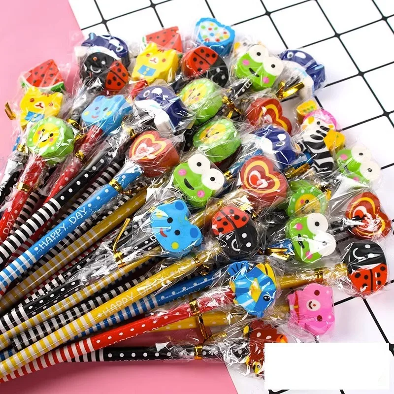 40piece Random cartoon animal HB pencils School students Wooden pen with removable eraser cute erasable correction pen